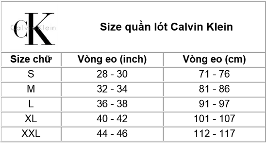 Thông tin size quần lót nam Calvin Klein